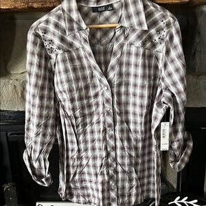 a.n.a Plaid Button-Down Shirt in Taupe and White with Stud Accents